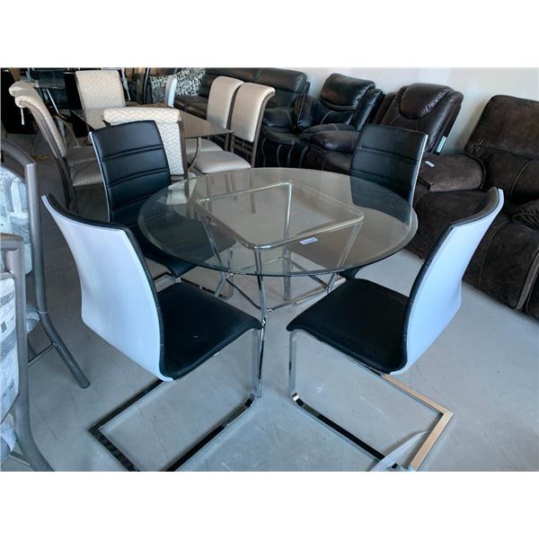 Round Glass Top Chrome Dinning Table Set with 4 leather sled chairs