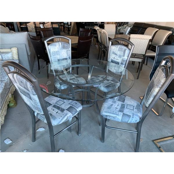 Round Glass Top 5 Piece Dinnette Set with 4 upholstered chairs