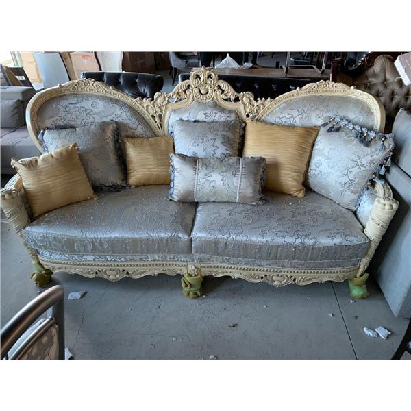 Carved Ivory style Wood Back ornate Double Seat Sofa with throw pillows