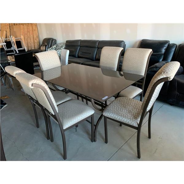 7 Piece dinning Room Suite with Rectangle Glass Table and 6 ivory upholstered and wrought iron style