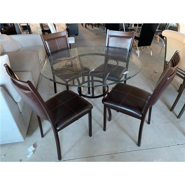 5 Piece Modern Dinette Suite with beveled round glass top table and 4 leather chairs