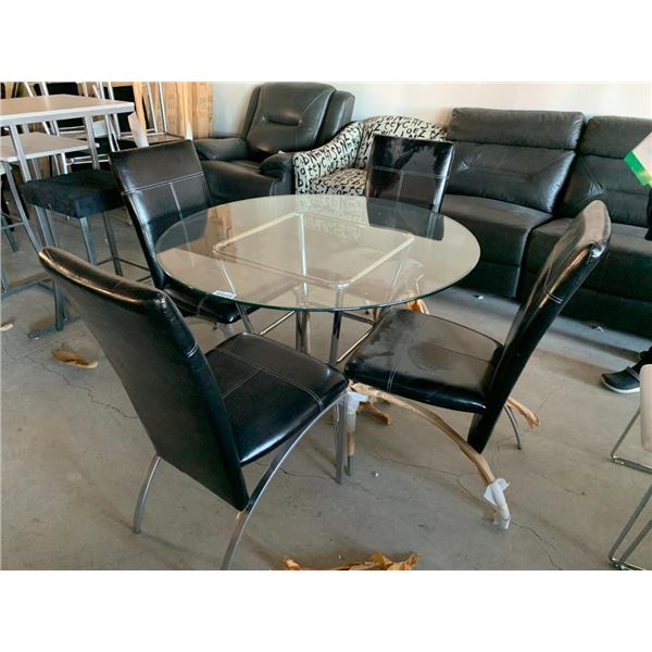 5 Piece Dinette Set includes Round glass table with 4 black leather & chrome Chairs