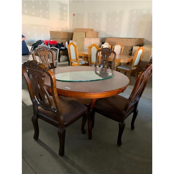 5 Piece Dinning Room Suite includes solid wood beechwood rpund table with 4 carved wood upholstered 