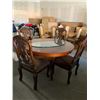 Image 1 : 5 Piece Dinning Room Suite includes solid wood beechwood rpund table with 4 carved wood upholstered 