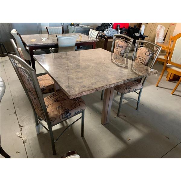 5 Piece Dinning Suite includes large square faux marble table with 4 matching upholstered and steel 