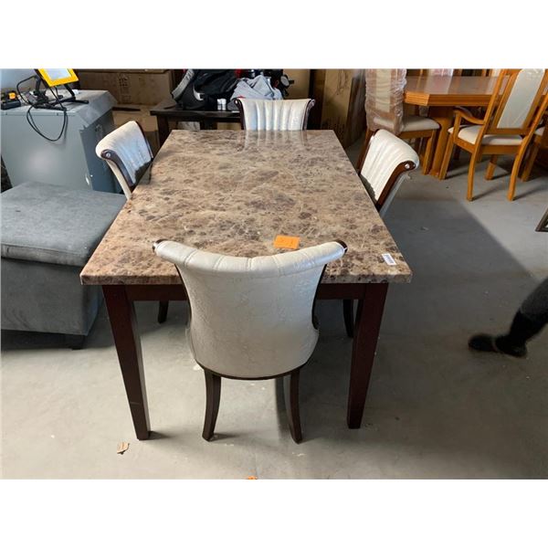 5 Piece Dinning Room Set includes Rectangle Faux Marble Table with 4 white leather style wood trimme