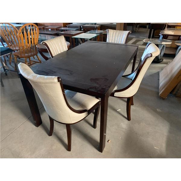 5 Piece Dinning Room Suite includes Dark espresso rectangular table with 4 white leather chairs