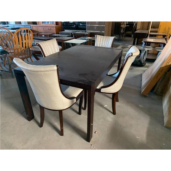 5 Piece Dinning Room Suite includes Dark espresso rectangular table with 4 white leather chairs