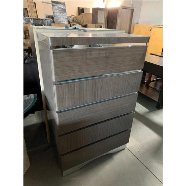 Grey laquer wood grain 5 drawer upright chest of drawers