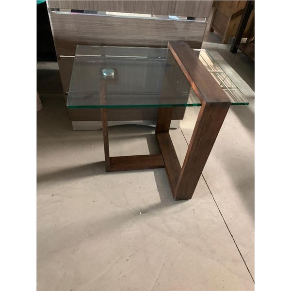Glass off set teak living room side table
