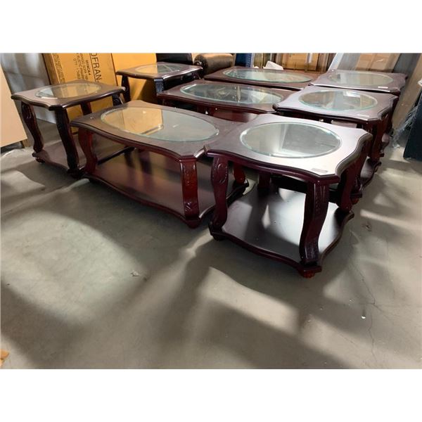 3 Piece Livingroom Coffee Table Set wood with glass inserts includes coffee and 2 end tables