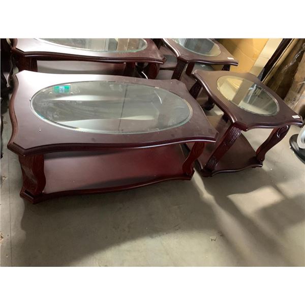 2 Piece Livingroom Coffee Table Set wood with glass inserts includes coffee and 1 end table