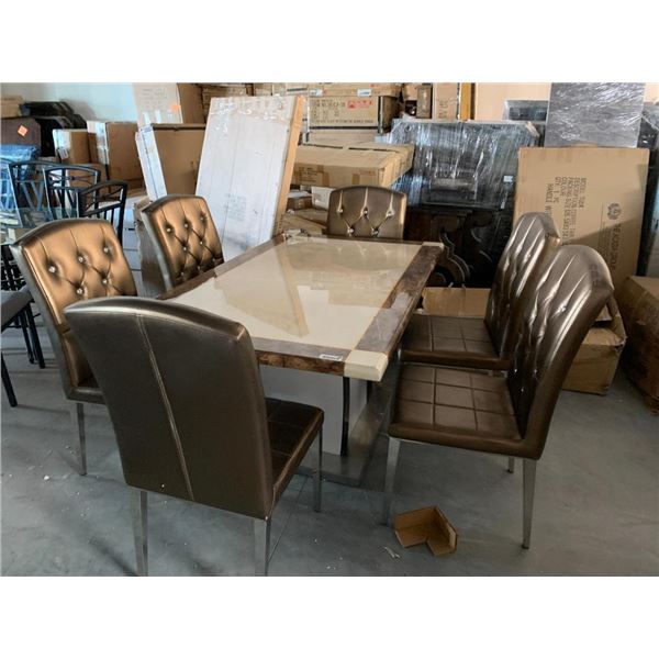 7 Piece Diningroom Suite includes large faux marble rectangular table with 6 matching studded chairs