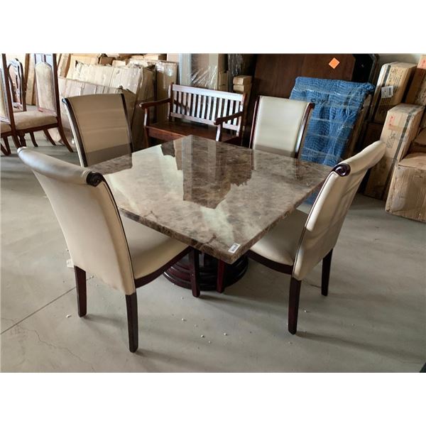 5 Piece dinning Room suite includes rectagular Faux Marble Table with 4 Cream Leather chairs