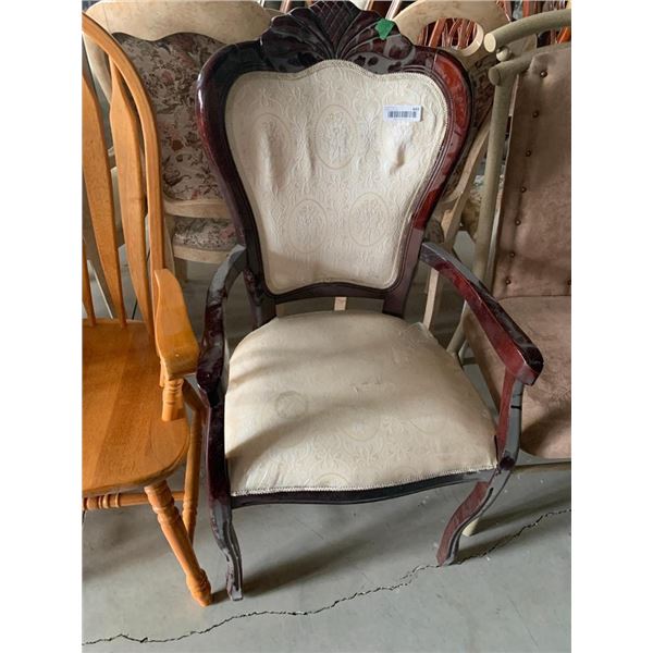 Queen Anne Carved Wood Cream Upholstered Reading Room Arm chair