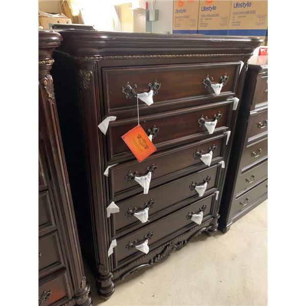 Cherry Wood Style Ornate 5 Drawer Chest of drawers