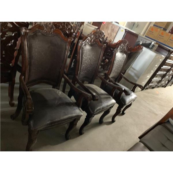 Carved Wood Back Queen Anne Leather Arm chairs - LOT of 3