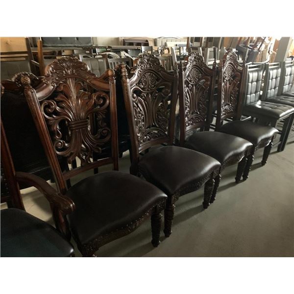 Cherry Wood Carved Wood Back Leather seat Dinning Chairs - LOT of 4