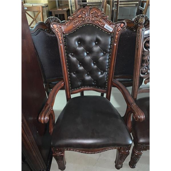 Leather pillow Back Ornate Carved wood arm chair