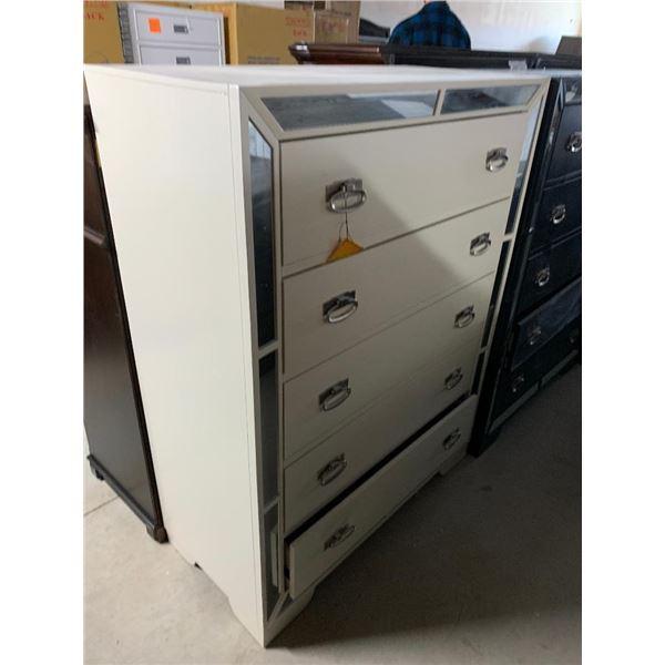 White Laquer & Mirror 5 Drawer chest