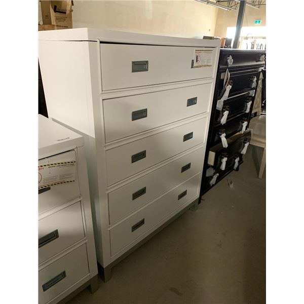 White Laquer 5 Drawer silver trim chest - crack on back