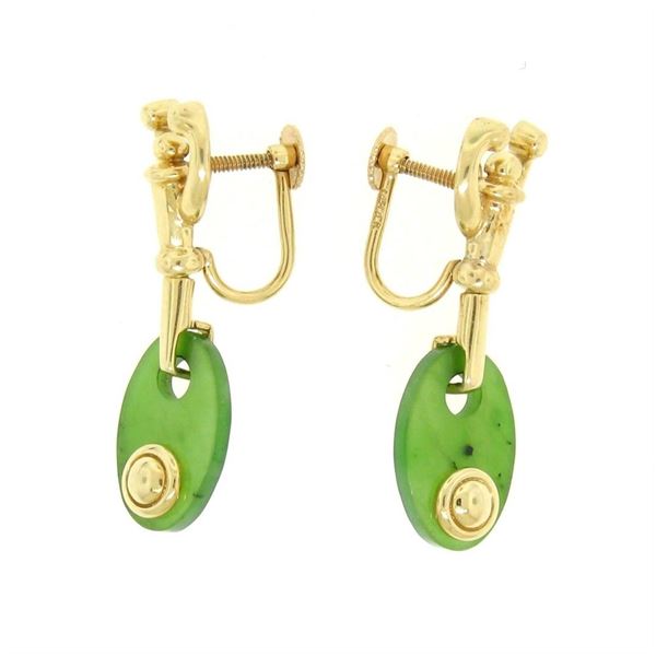 Estate 14k Yellow Gold Oval Disk Jade Screw On Drop Dangle Earrings