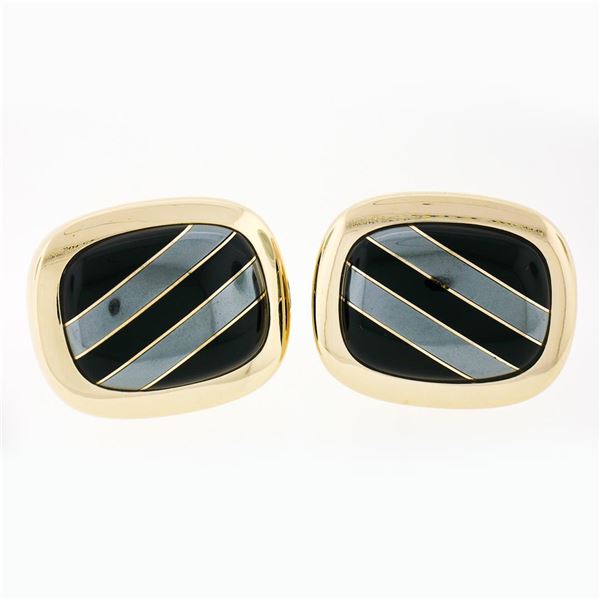 Vintage 14k Yellow Gold Swivel Cuff Links w/ Hematite Inlaid in Black Onyx