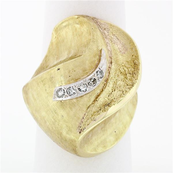 Vintage 14k Yellow Gold Heavy Bombe Florentine Diamond Cocktail Statement Ring