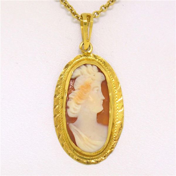 Antique Victorian 10K Yellow Gold Hand Carved & Set Cameo 16  Pendant Necklace