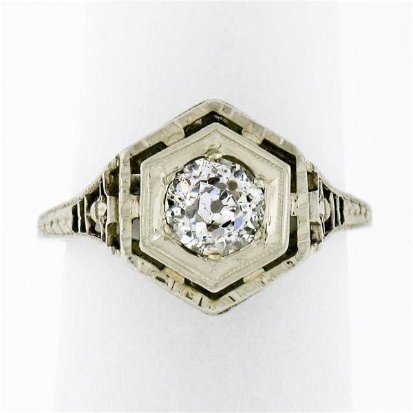 Antique Art Deco 14k White Gold Filigree 0.54 ctw European Diamond Solitaire Rin