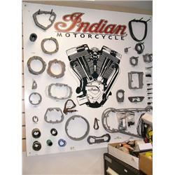 Indian Motorcycle Engine Gasket Board with Large assortment of over 100 Gaskets and 4 boxes of misc.