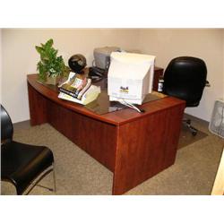 Complete Office:  Cherry Wood Finish L-Shaped Desk, Outstanding Quality Office Chair, Optiquest Moni