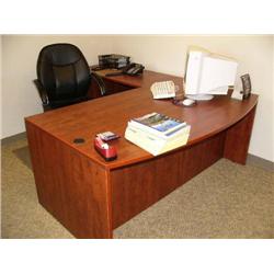 Complete Office:  L-Shaped Cherry Wood Finish Desk, High Quality Office Chair, Optiquest Monitor, In