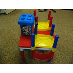 Lot of Child's Lego Plastic table with 2 Chairs and Legos
