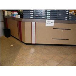 Large Wraparound Counter with 10 Drawers, (1 locking) Open Back Shelving, Grey, Red, Beige Front