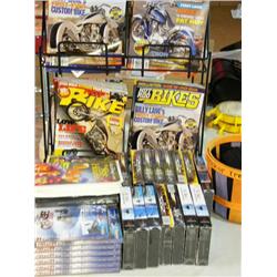 Lot of Snowmobile DVD, CD, VHS Tapes and Eyeglass Cases and Rack of Hot Rod Bikes Magazine with 24 M