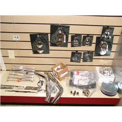 Various Custom Chrome Indiana Motorcycle accessories. Including vintage luggage rack, shifter rods, 