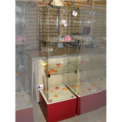 CHOICE on 5 Glass Floor Display Cases 4 Sided on Wheels