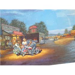"route 66" Print by Barnhouse   Indian Motorcycle in front of Motel 66.    304/660  Size 21" x 31 1/