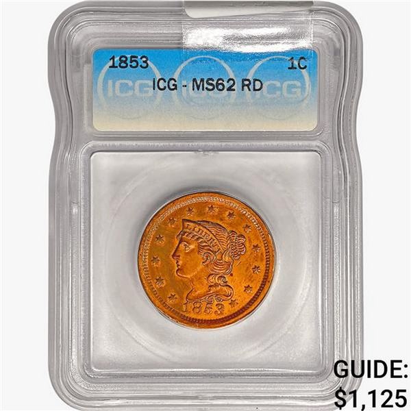 1853 Braided Hair Large Cent ICG MS62 RD