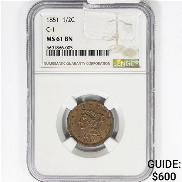1851 Braided Hair Half Cent NGC MS61 BN