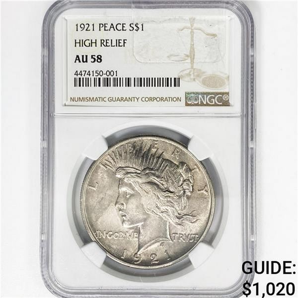 1921 Silver Peace Dollar NGC AU58 High Relief