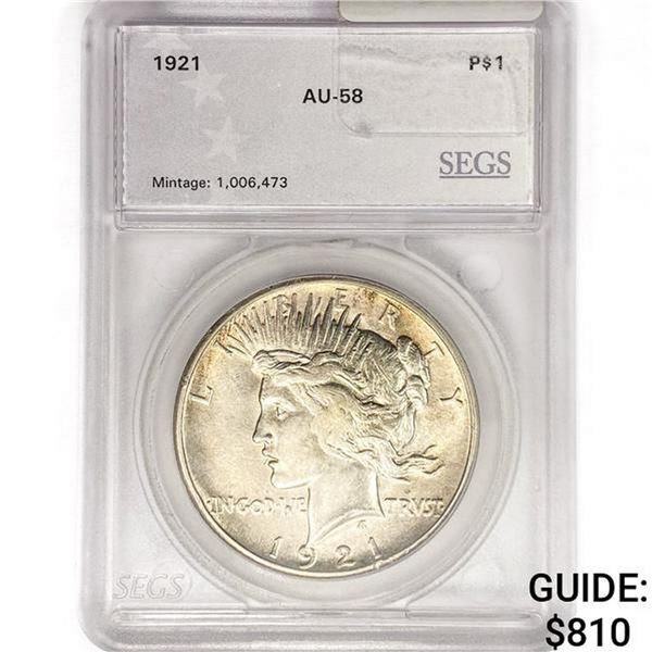 1921 Silver Peace Dollar SEGS AU58