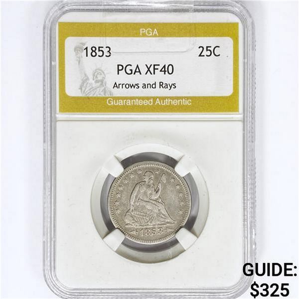 1853 Seated Liberty Quarter PGA XF40 Arrows & Rays