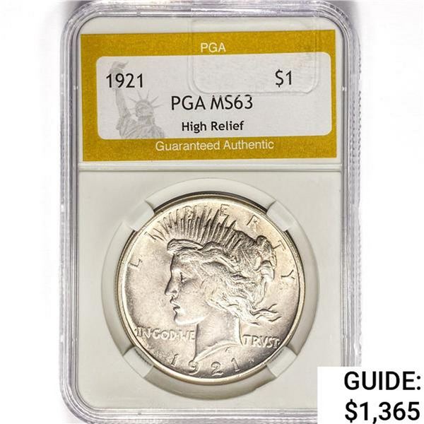 1921 Silver Peace Dollar PGA MS63 High Relief