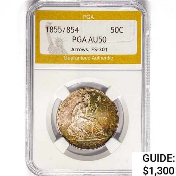 1855/854 Seated Lib. 50C PGA AU50 Arrows, FS-301