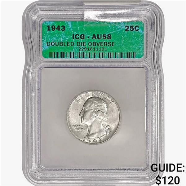 1943 Washington Silver Quarter ICG AU58 DBL DIE OB