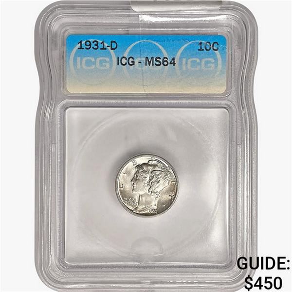 1931-D Mercury Silver Dime ICG MS64