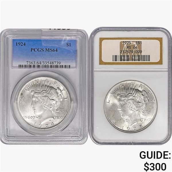 [2] 1924-1925 Silver Peace Dollar NGC,PCGS MS64