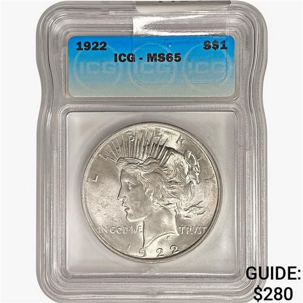1922 Silver Peace Dollar ICG MS65